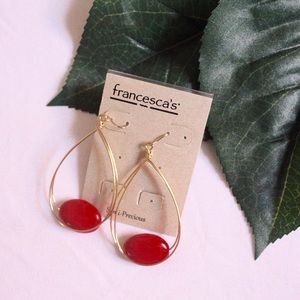 Red Stone Wire Drop Earrings