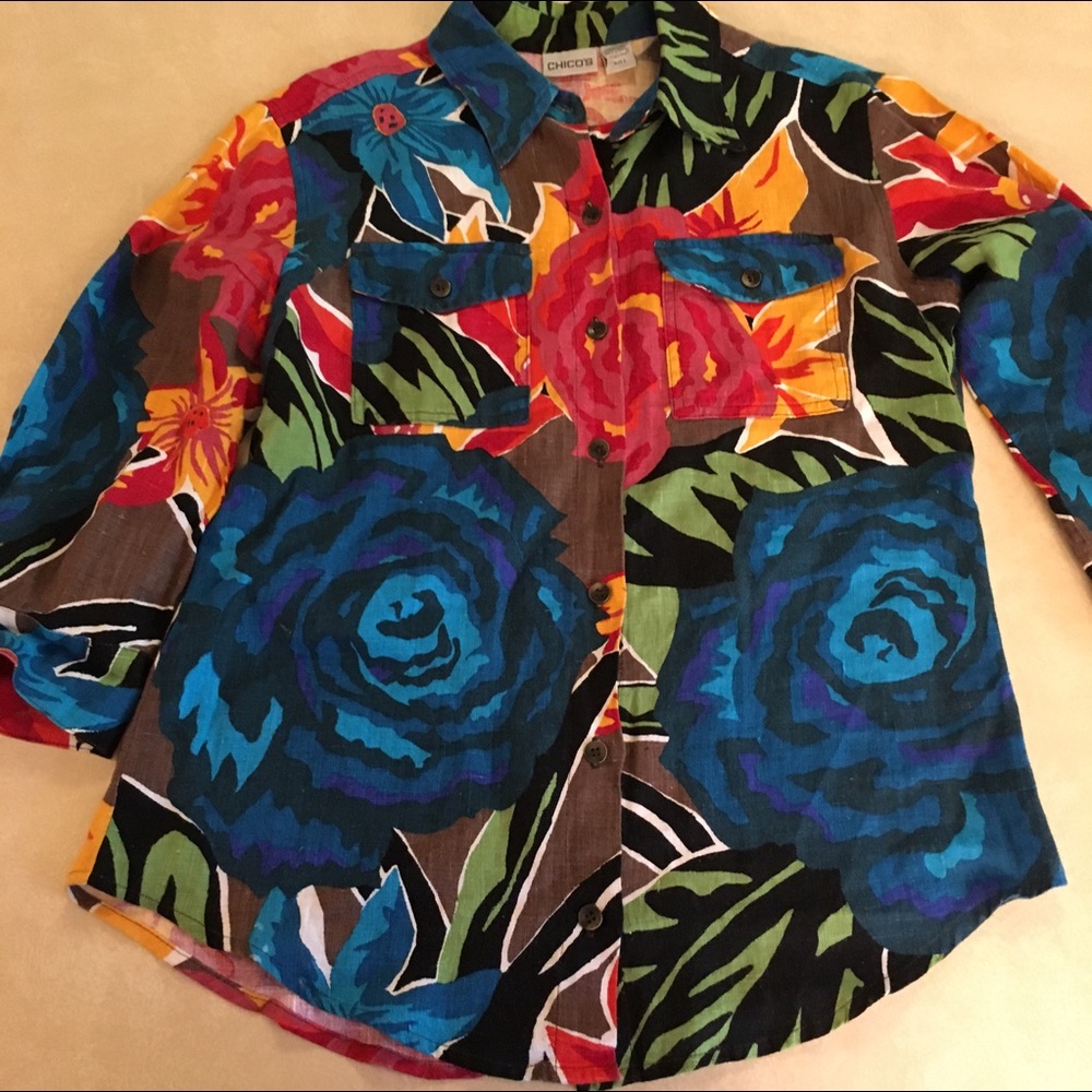Chico's Bright Tropical Floral Linen 2 Pocket SM 0