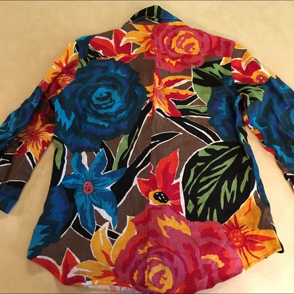 Chico's Bright Tropical Floral Linen 2 Pocket SM 0 - Picture 2 of 4