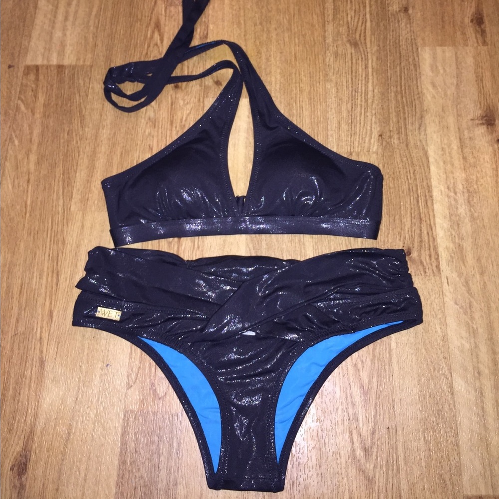 New shimmery black halter bikini