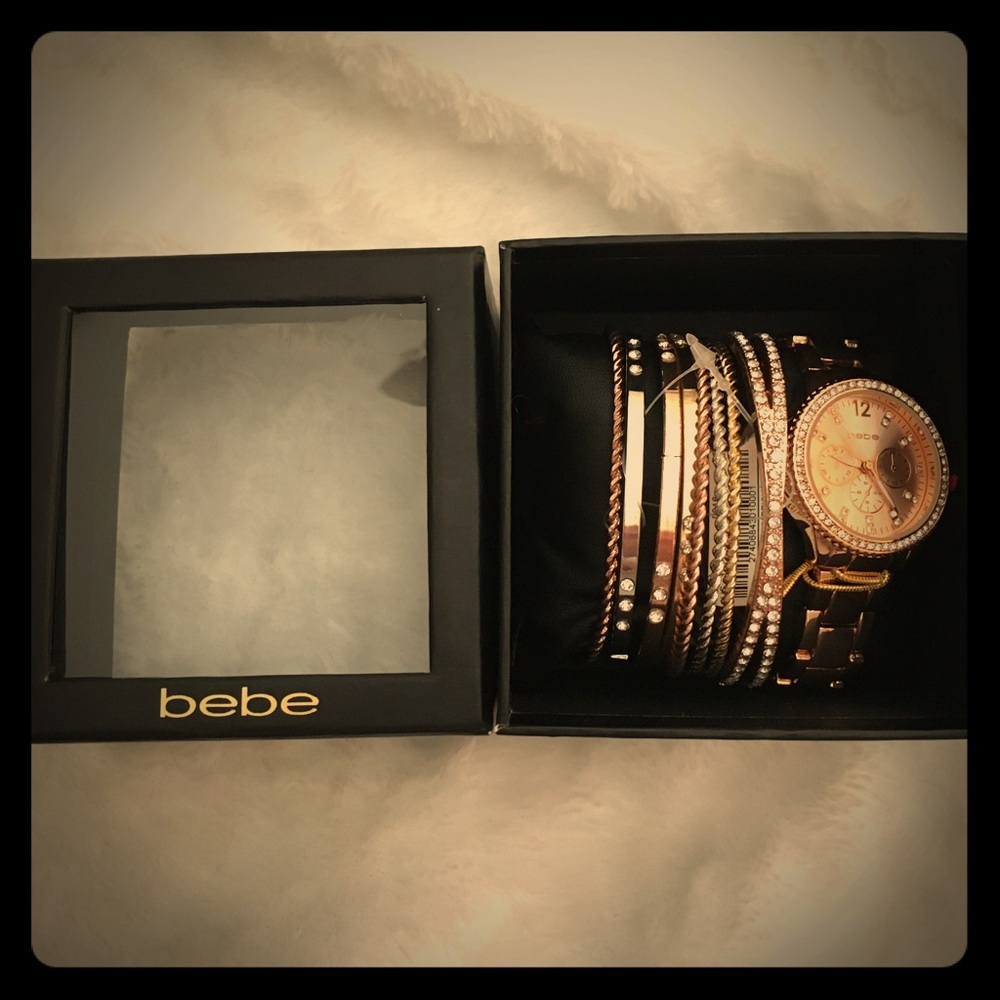 Rose gold Bebe watch with bracelets. New with tags
