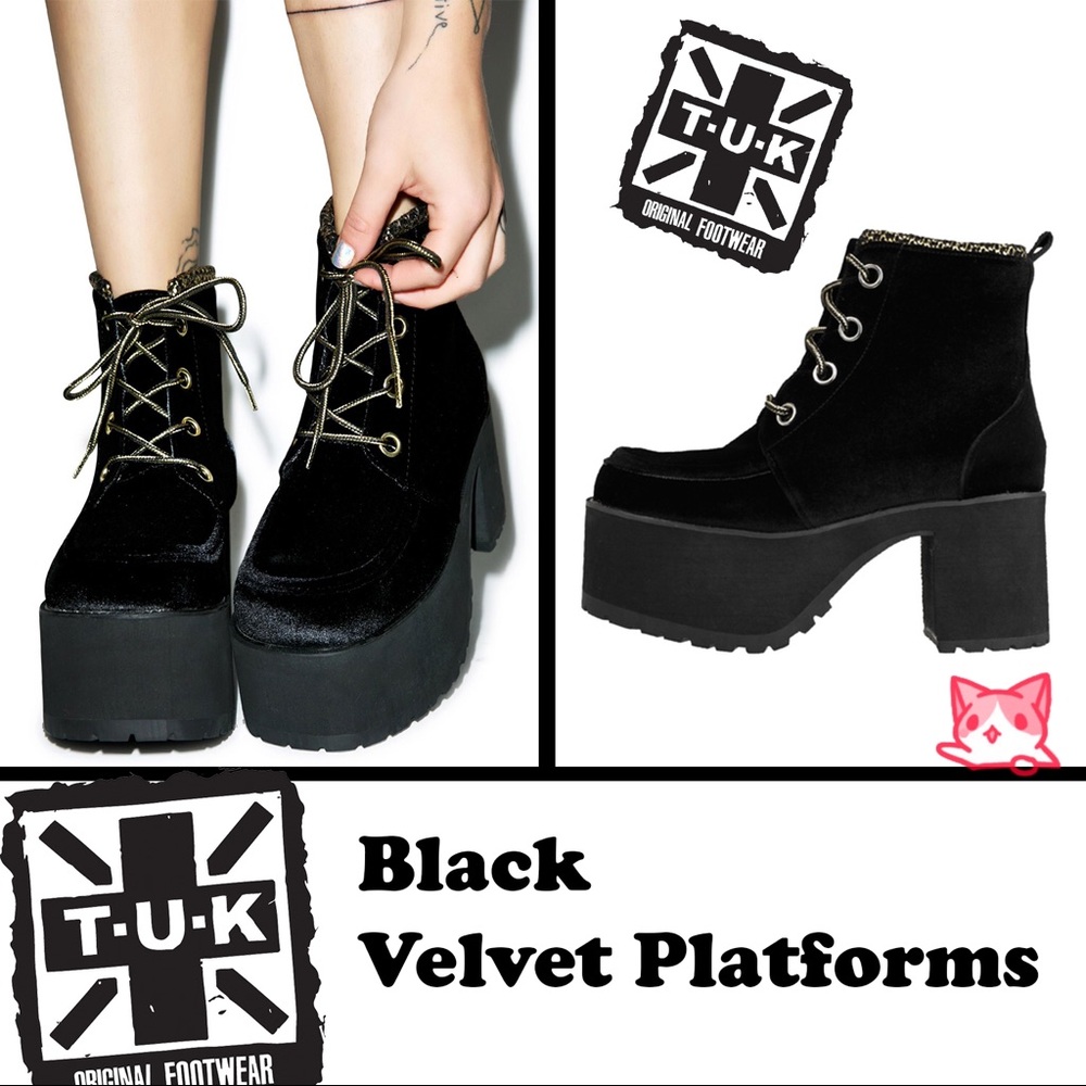 TUK Black Velvet Platform Nosebleed Boots US 7