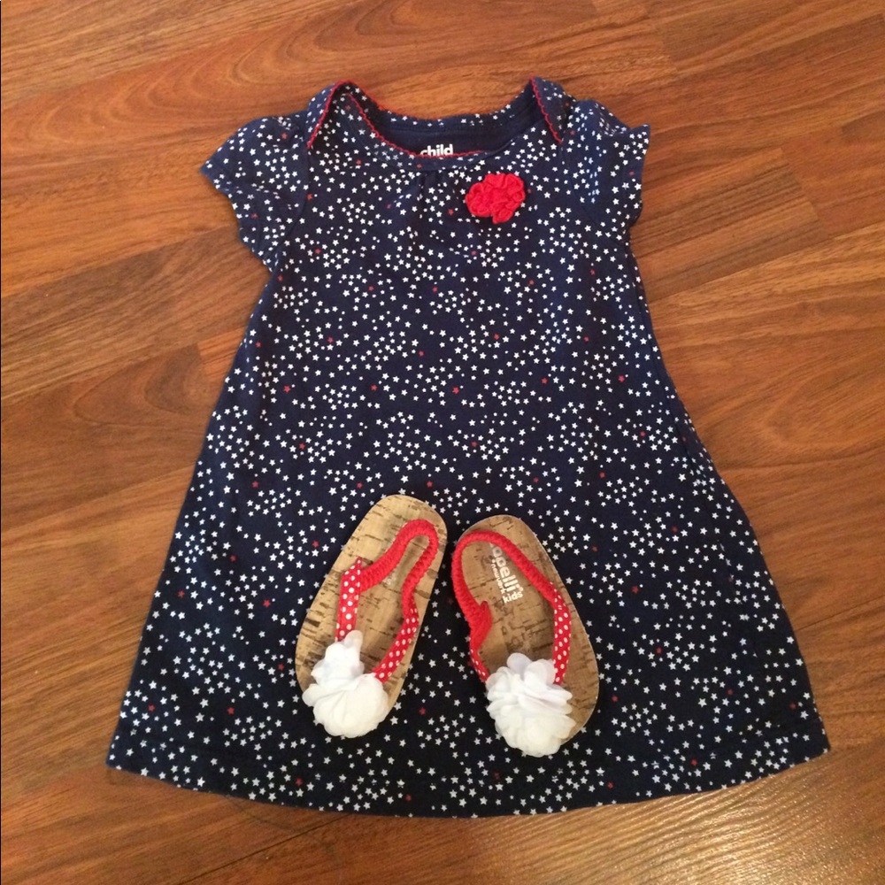 Red, white and blue dress with matching sandals