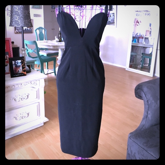 LAST CALL 9/11/22 - Black Plunging Neck Vampy Pencil Strapless Dress - Picture 2 of 7