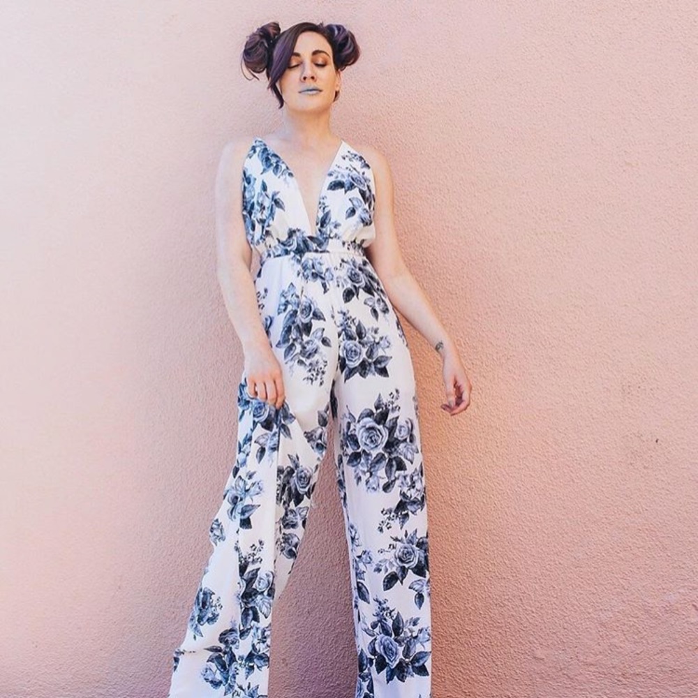 William B white and blue floral jumpsuit