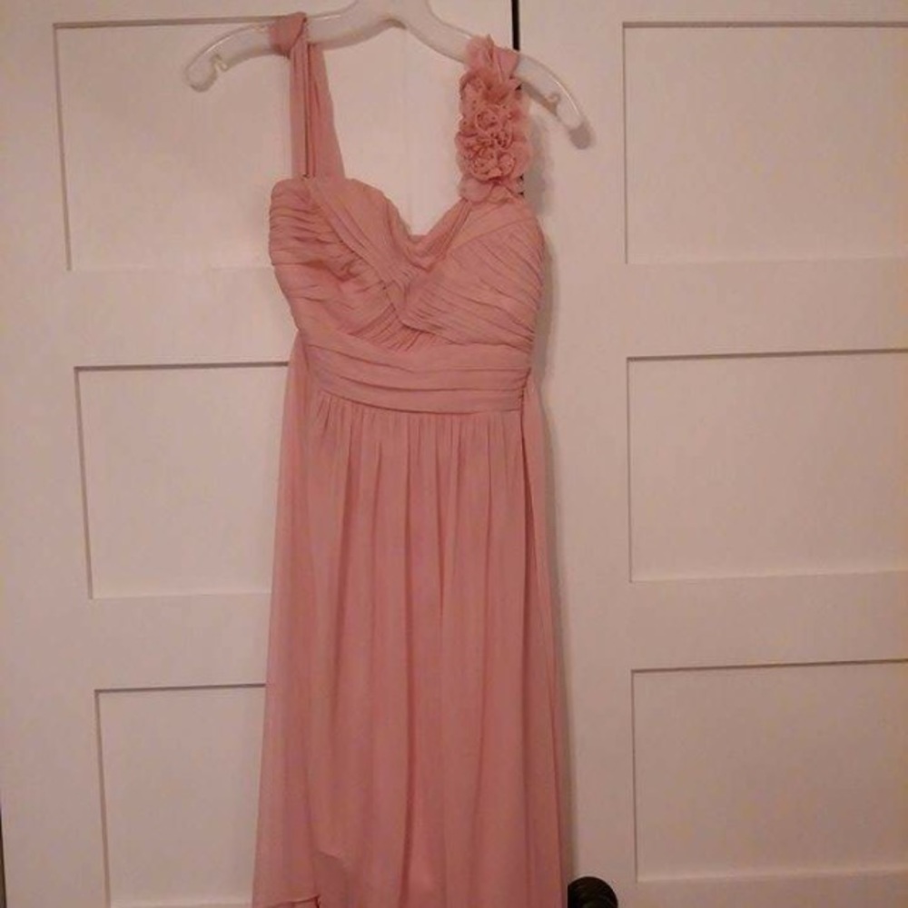 David's Bridal pink high low one shoulder dress
