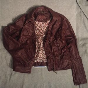 Lined Burgundy Imitation Leather Moto Jacket