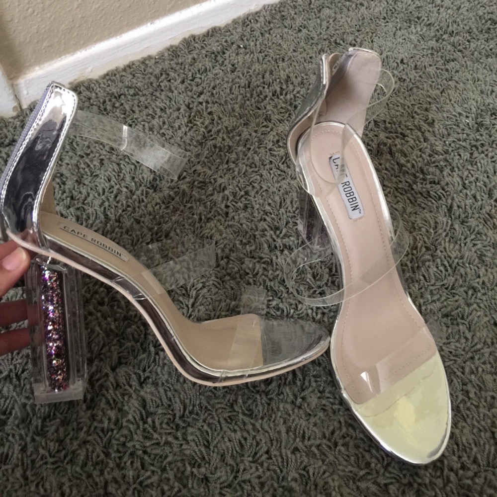 Silver heels with clear straps ✨