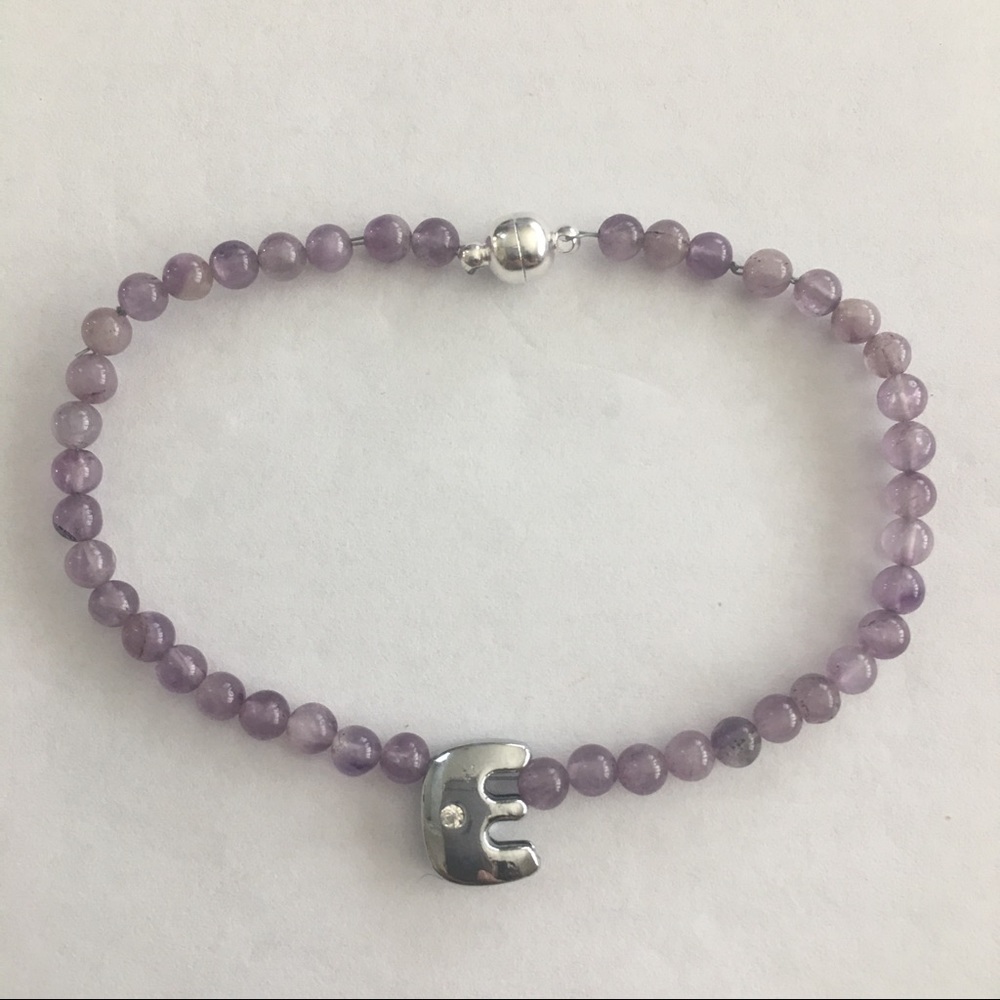 Initial "E" natural amethyst magnetic clasp bracelet bangle
