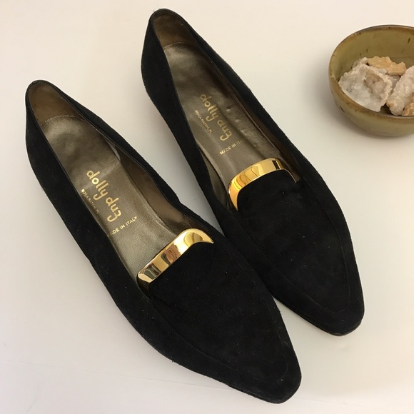 Dolly Duz Shoes Black Suede Smoking Slippers Gold Detail
