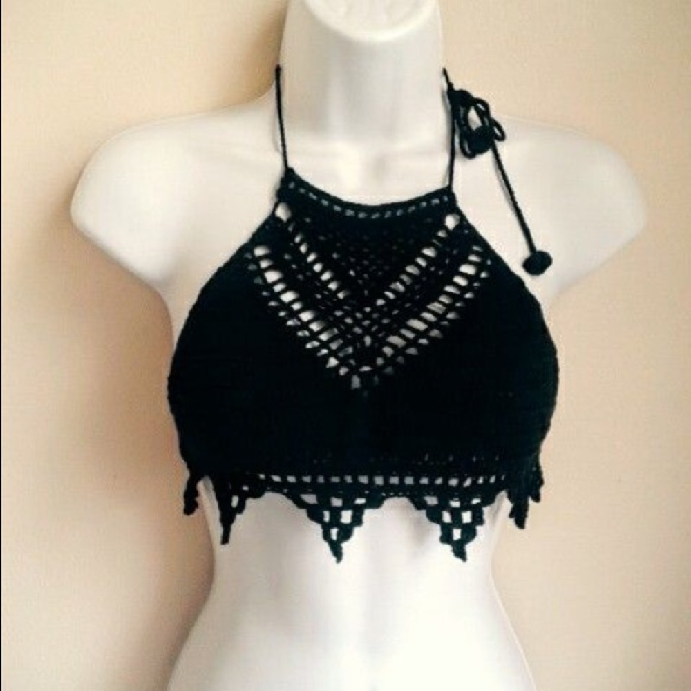 Hand Made Black Crochet Halter & High Neck CropTop