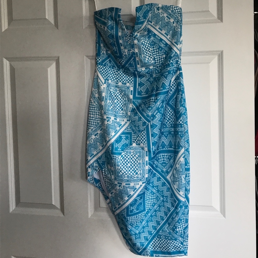 Blue Patterned Diagonal Cut Mini Dress