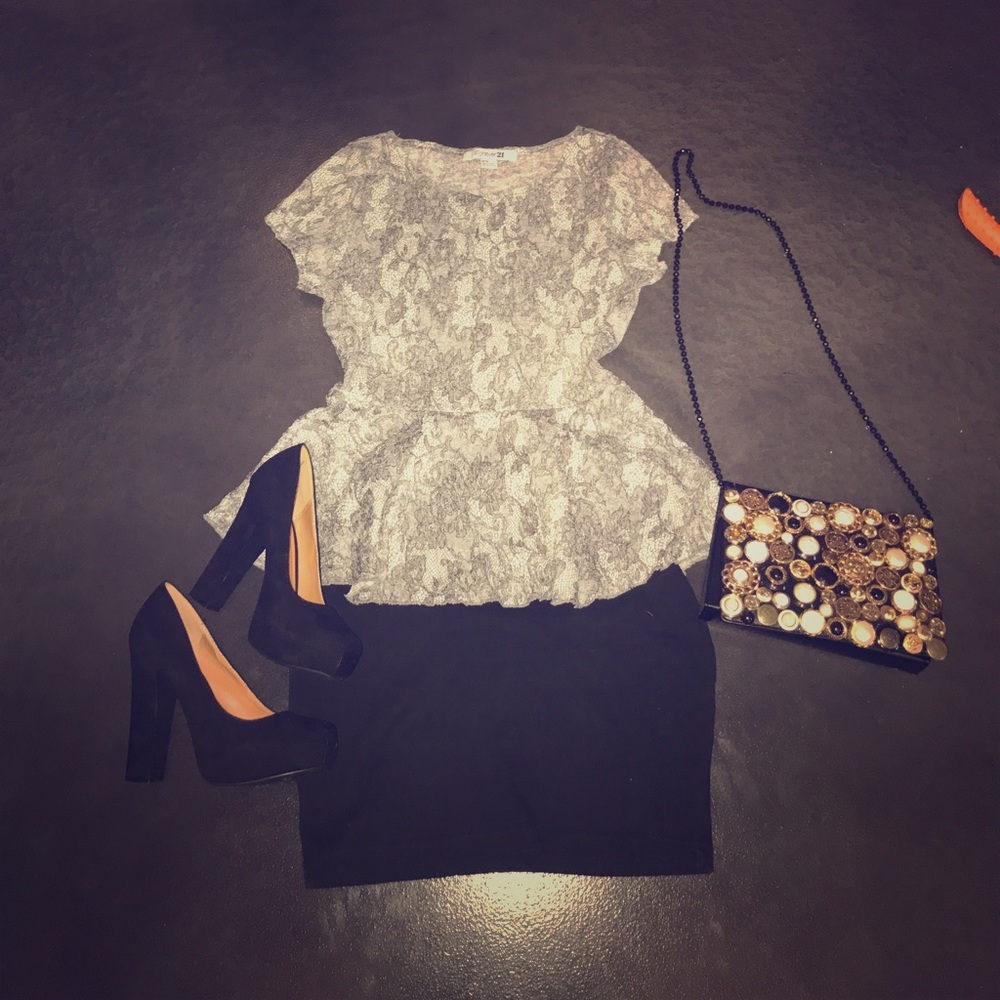 Black and white lace peplum top