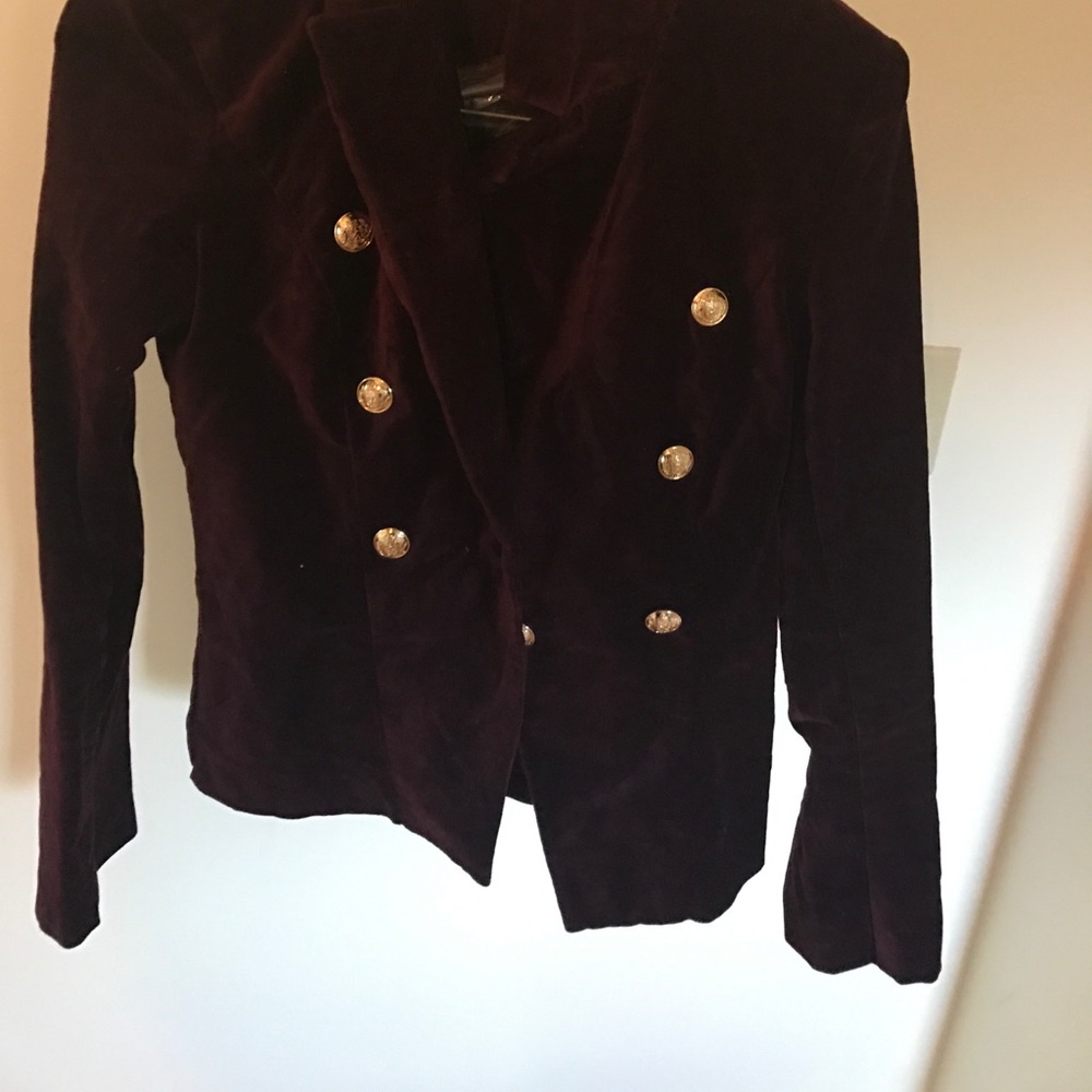 Burgundy velvet coat with gold buttions