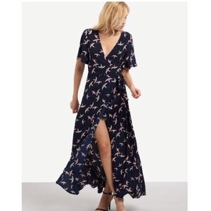 New Navy birds flutter sleeve maxi wrap dress