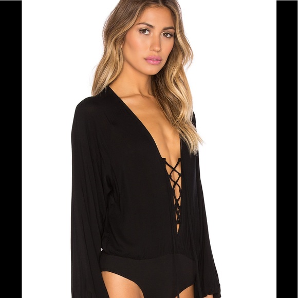 Lucca Couture Long Sleeve Lace-Up Bodysuit, Black - Picture 2 of 5