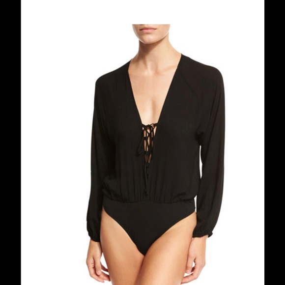 Lucca Couture Long Sleeve Lace-Up Bodysuit, Black - Picture 4 of 5