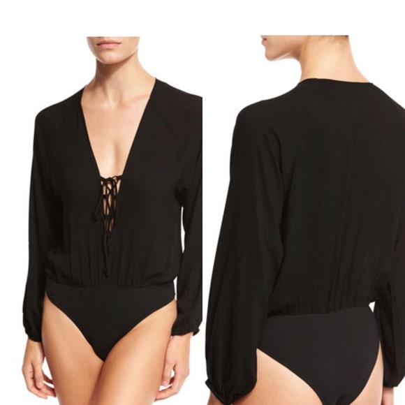 Lucca Couture Long Sleeve Lace-Up Bodysuit, Black - Picture 3 of 5