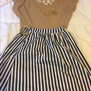 Navy/White Striped Midi Skirt