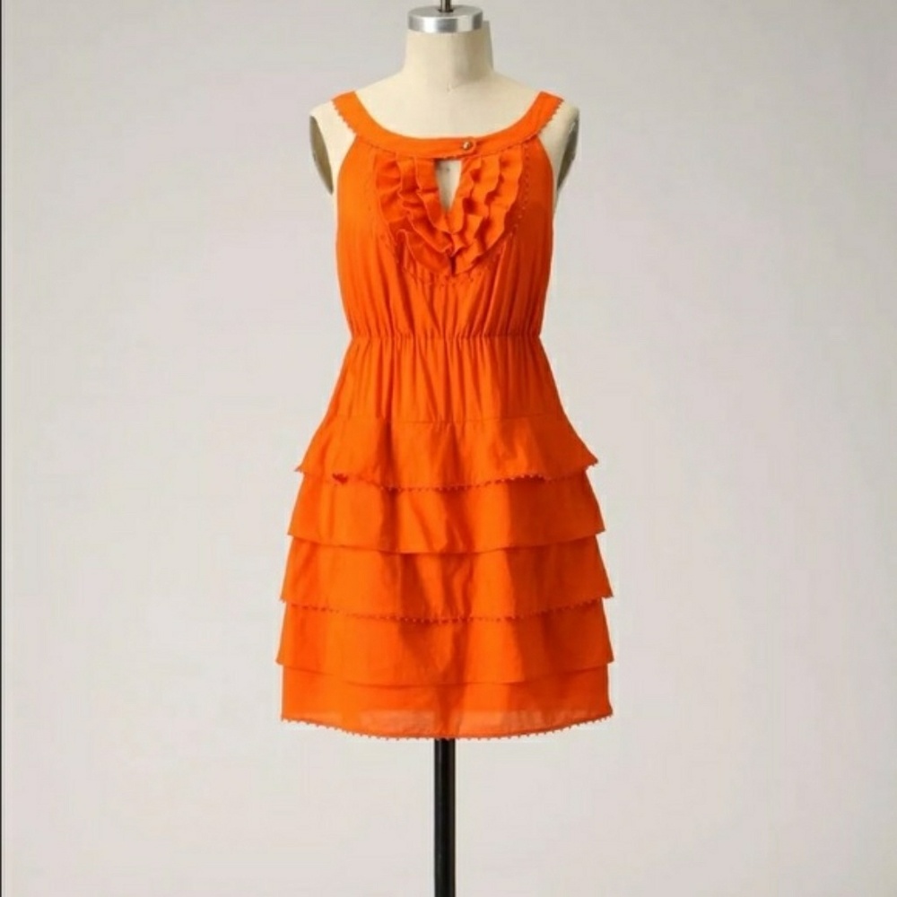 Anthro Maeve Orange Gathered Together Tiered Dress