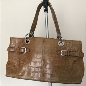 Crocodile patterned brown patent handbag