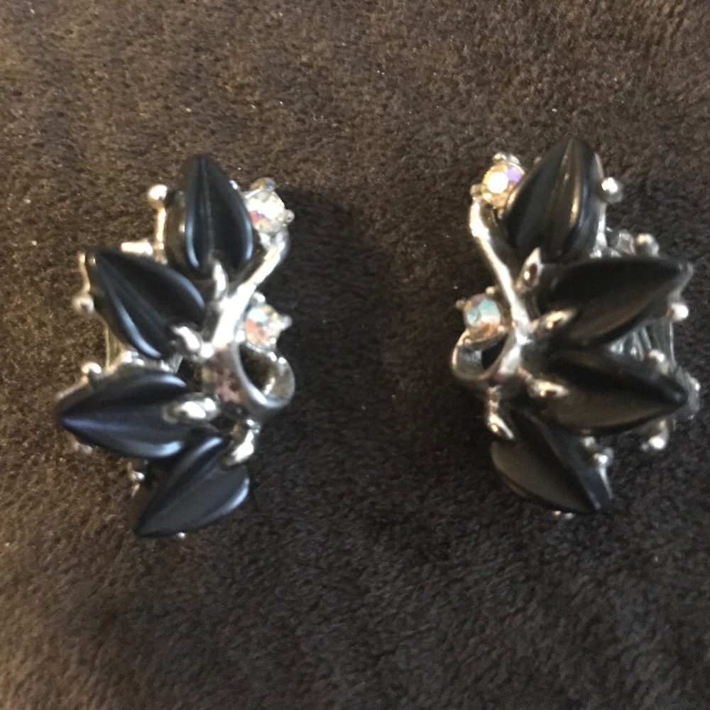 Vintage Black and Rhinestone Clip On Earrings