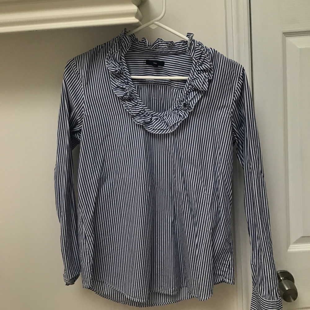 Blue white striped ruffle collar blouse popover