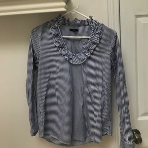 Blue white striped ruffle collar blouse popover