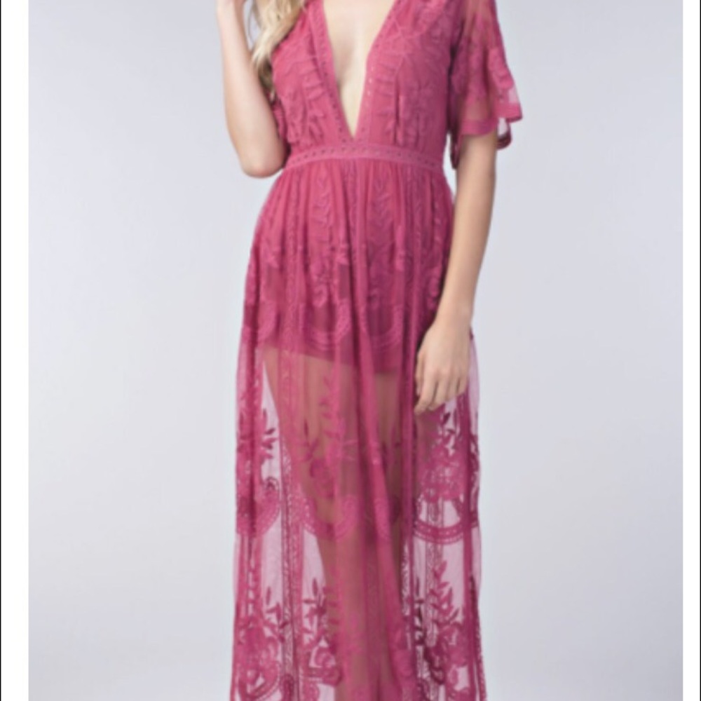 Honey Punch lace maxi romper in raspberry