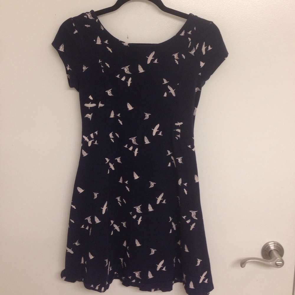 Navy dress with a bird print