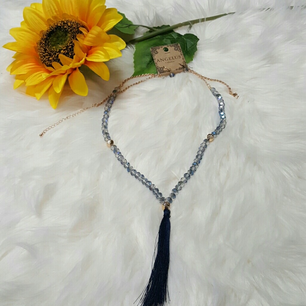 Blue long statement necklace with tassel