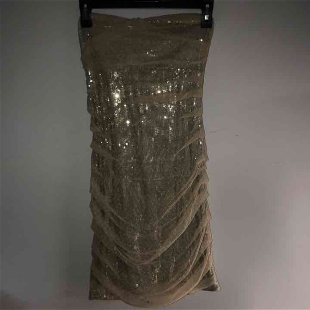 Sequin strapless dress with champagne overlay