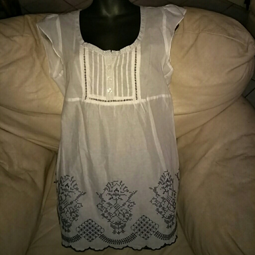 Bohemian White Peasant Top with Blue Embroidery