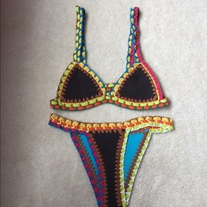 NEW Black/Cyan Crochet Neoprene Bikini Set