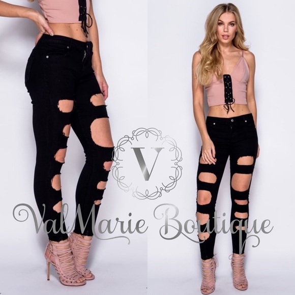 SZ 4 LAST 1! Premium Black Destroyed Denim - Picture 2 of 3