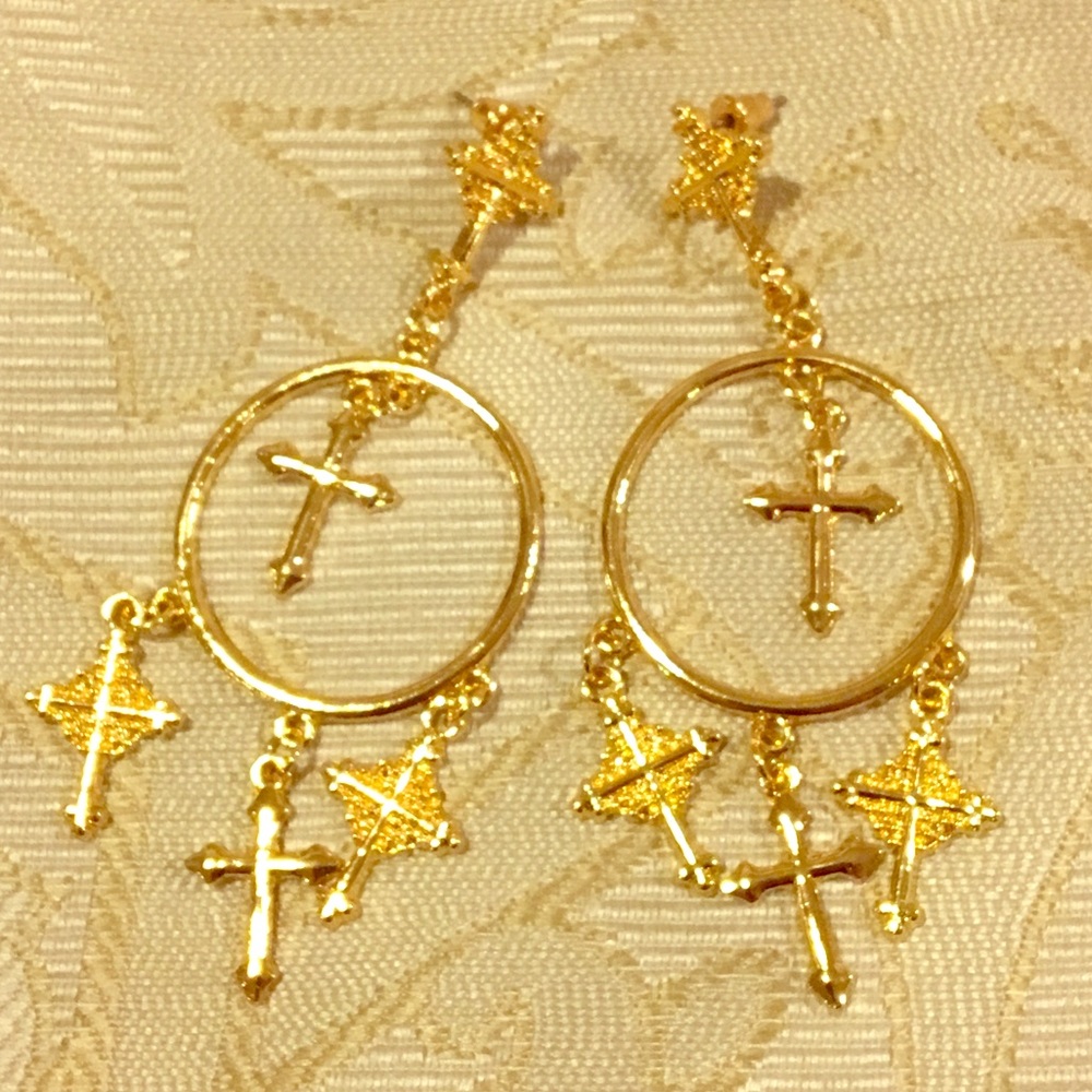 Gold Cross Statement Earrings - image 1