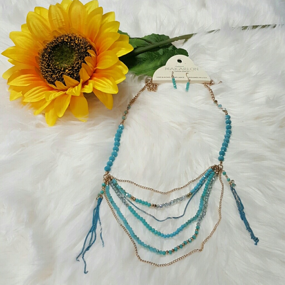 Turquoise and gold long bead necklace