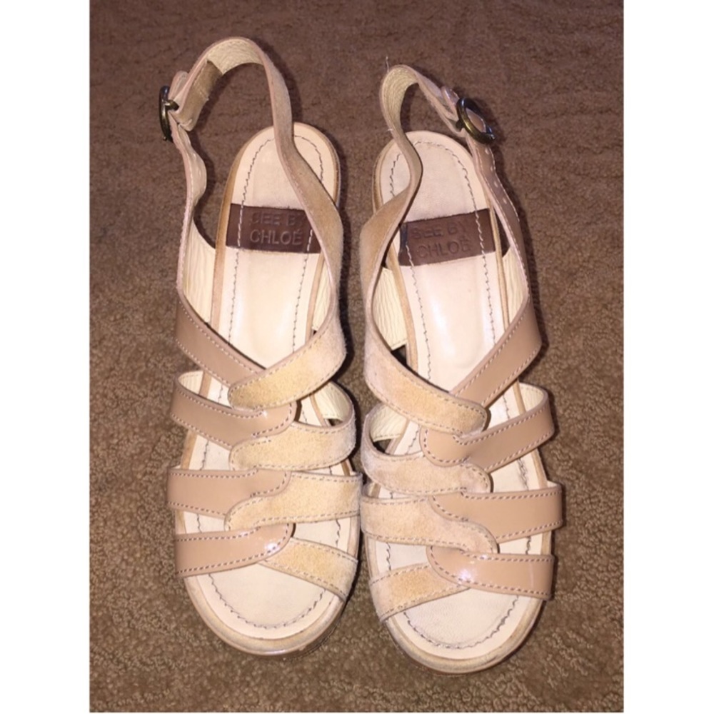 See by Chloe patent leather nude chunky heels.