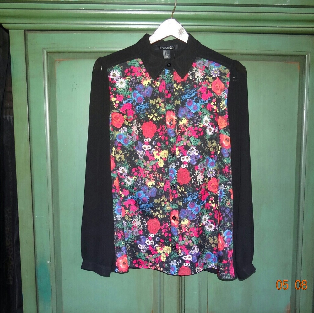 Forever 21 Black Floral Sheer Top