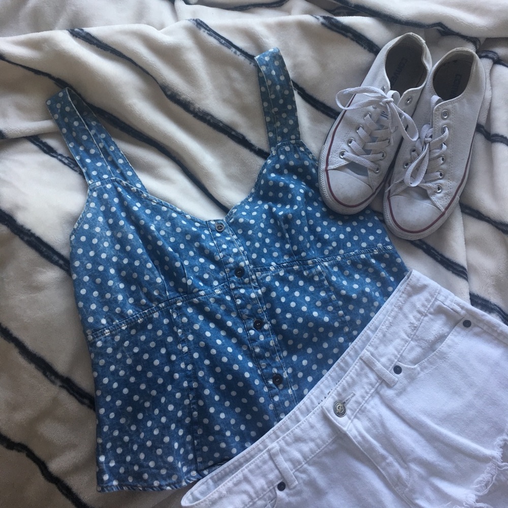Blue and white polka dot top