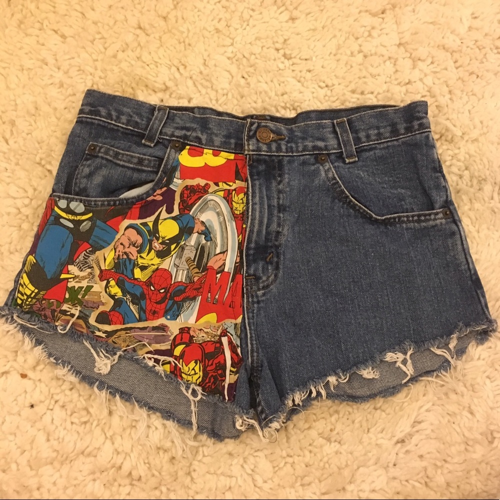 Marvel themed jean shorts💙💛❤️🖤