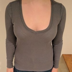 Long Sleeve Grey Waffle Knit Tight Tee Shirt