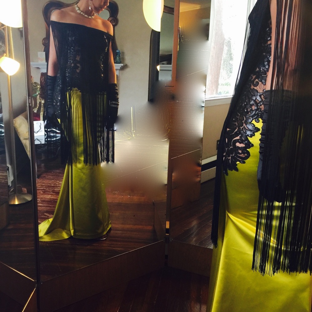 Dona Adrian Couture lace & fringe gown