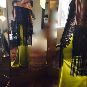 Dona Adrian Couture lace & fringe gown