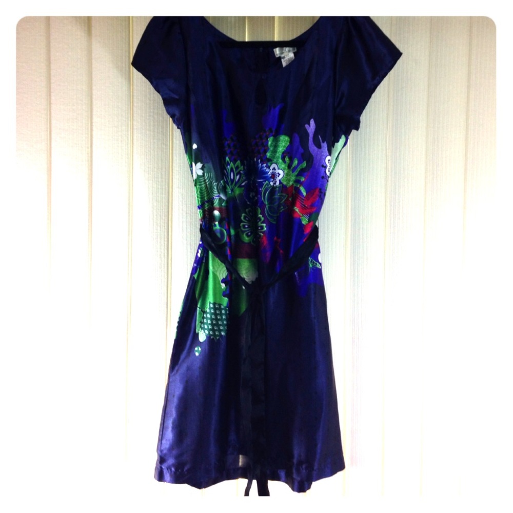 Large Dept navy satin floral dress