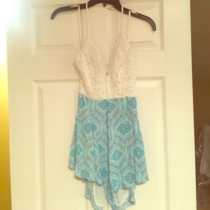 Hello Molly crochet and blue patterned romper