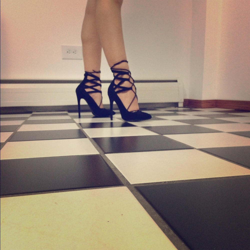 Black lace up pointed toe heels