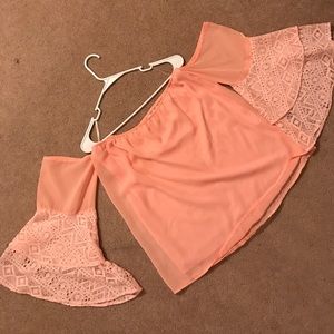 off the shoulder peach shirt
