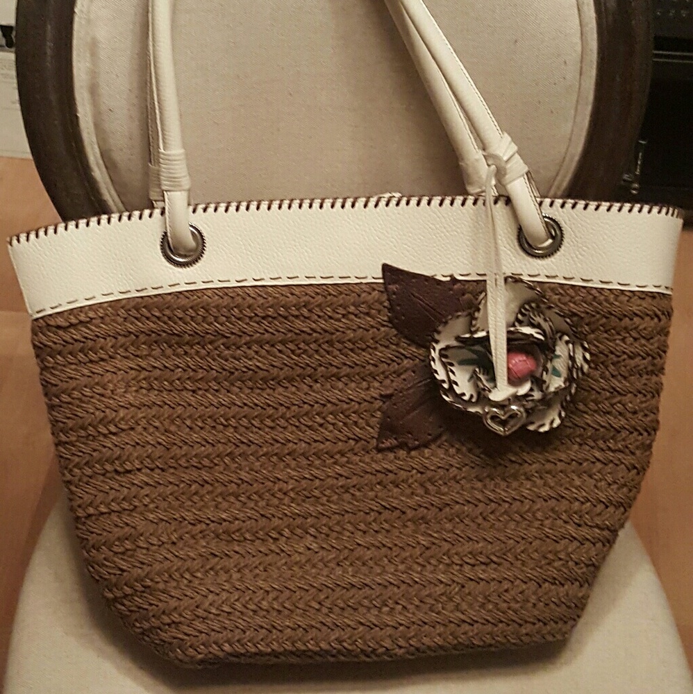 Large Brighton Straw and White Leather Tote Bag