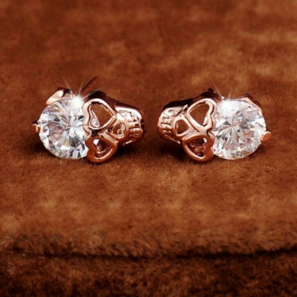Brand New Rose Gold Tiny Crystal Skull Earrings - Picture 3 of 5